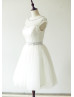 Pearls Neckline Satin Tulle Tea Length Prom Dress